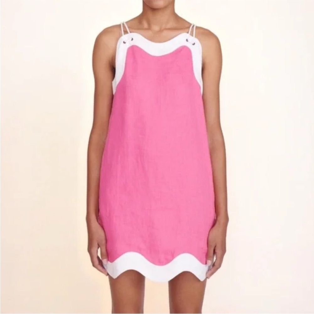NWT! STAUD Renata Scalloped Linen Mini Dress - Blossom Pink and White XS